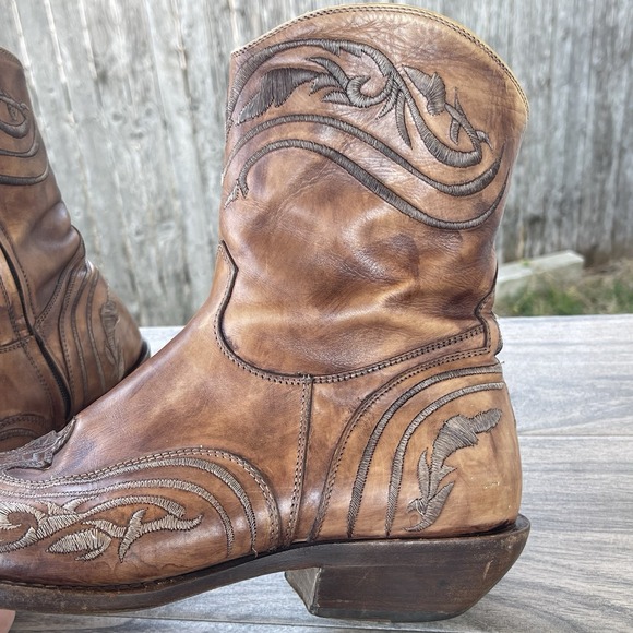 Damy Cowboy Ankle Boots Men 10/ 43 Brown Leather Embroidered Side Zip Italy Made - Picture 14 of 15